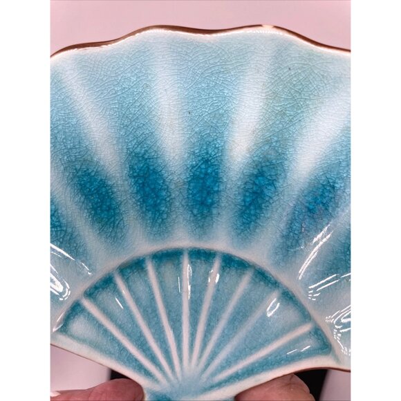 Pier 1 Ceramic Fan-Shaped Trinket Dish In Crackled Turquoise Glaze 8" - Picture 3 of 8